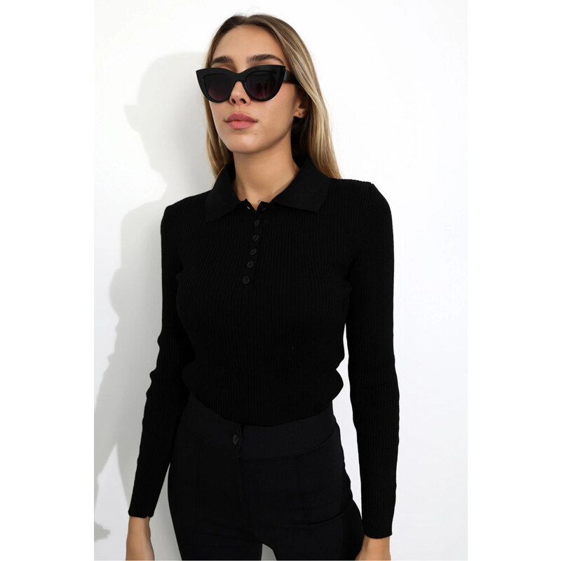 Laluvia Black Polo Neck Buttoned Corduroy Knitted Blouse