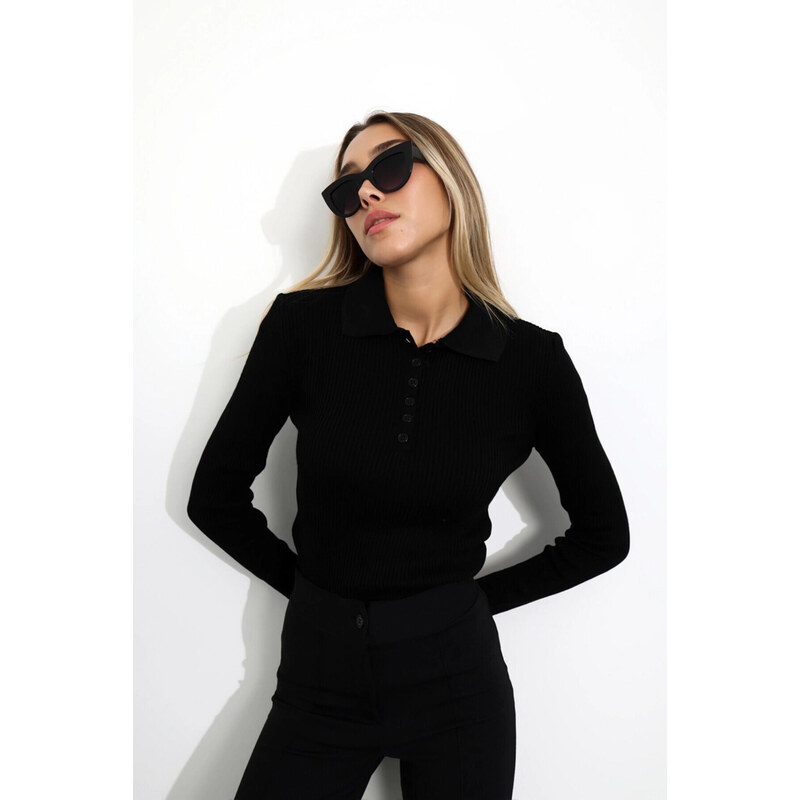 Laluvia Black Polo Neck Buttoned Corduroy Knitted Blouse