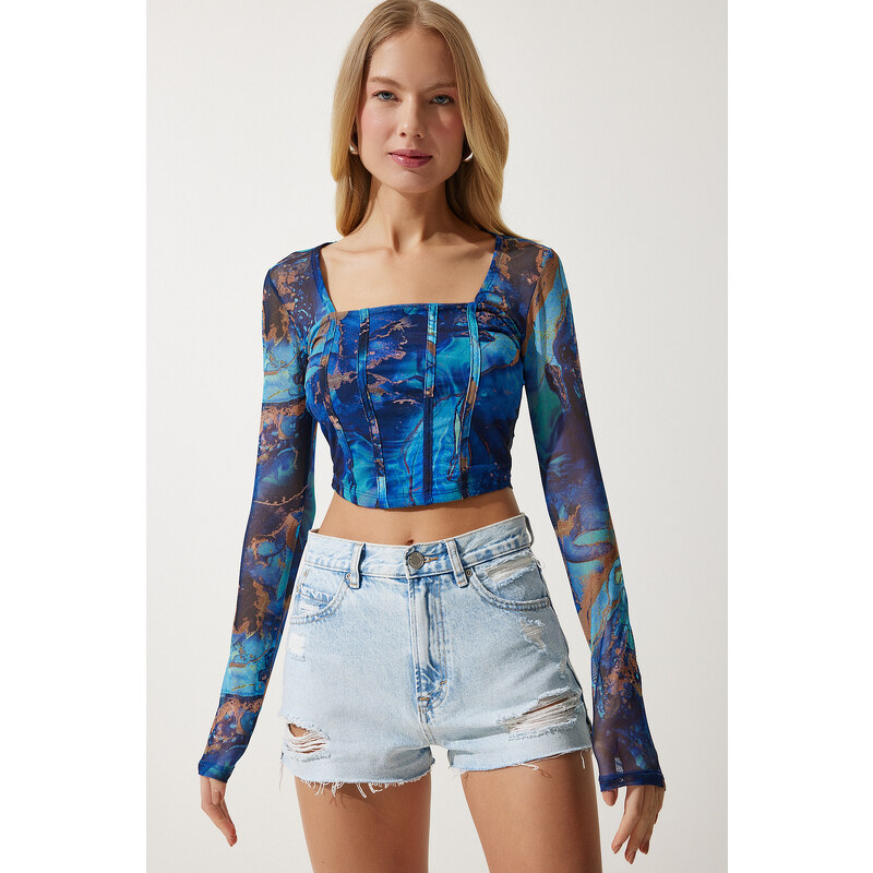 Happiness İstanbul Women's Blue Patterned Crop Chiffon Blouse