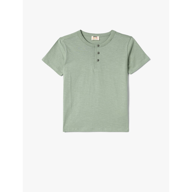 Koton Basic T-Shirt Round Neck Short Sleeved Buttoned Cotton