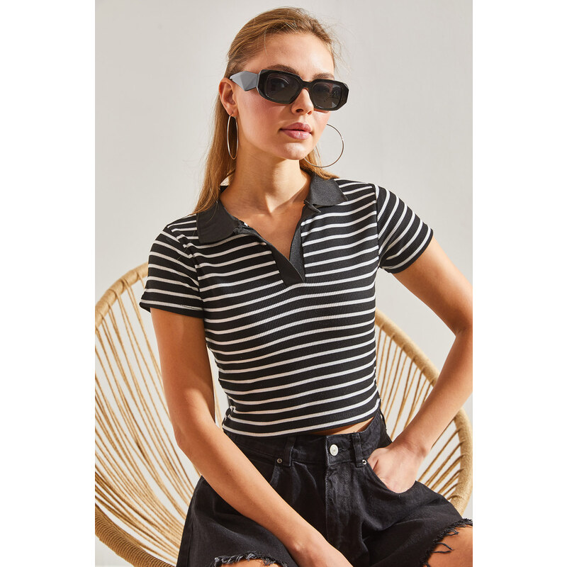 Bianco Lucci Women's Polo Neck Striped Blouse