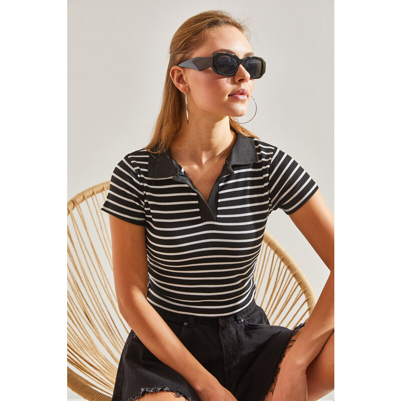 Bianco Lucci Women's Polo Neck Striped Blouse