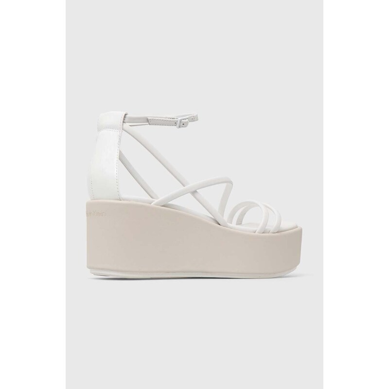 Kožené sandály Calvin Klein WEDGE SANDAL 30 LTH dámské, bílá barva, na platformě, HW0HW01949