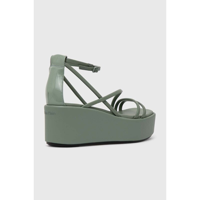 Kožené sandály Calvin Klein WEDGE SANDAL 30 LTH dámské, zelená barva, na platformě, HW0HW01949