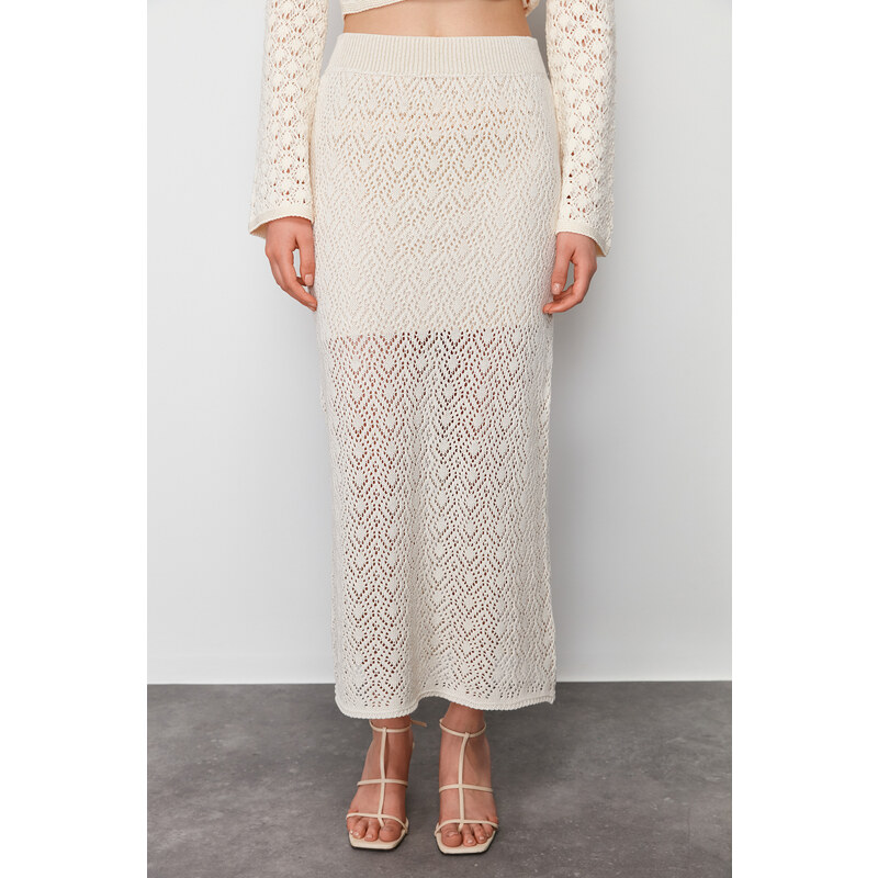 Trendyol Stone Midi Lined Openwork/Perforated Knitwear Skirt