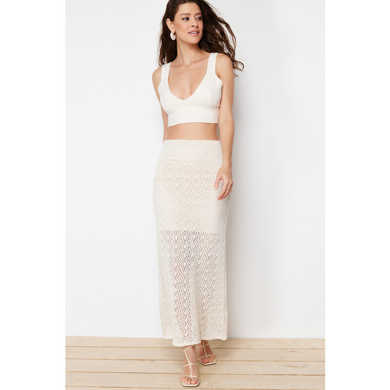 Trendyol Stone Midi Lined Openwork/Perforated Knitwear Skirt