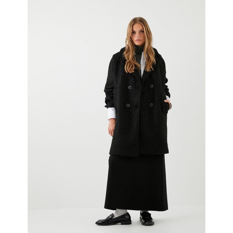 Koton Womens Boucle Coat Double Breasted Buttoned Pocket Slit Detailed 107072665