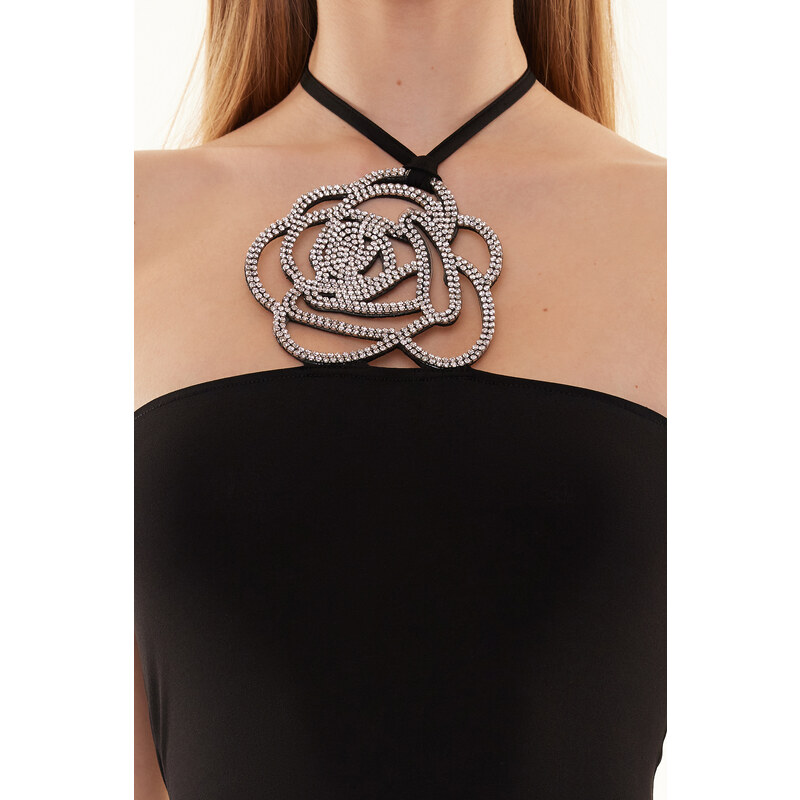 Trendyol Black Shiny Stone Rose Accessory Bodysuit