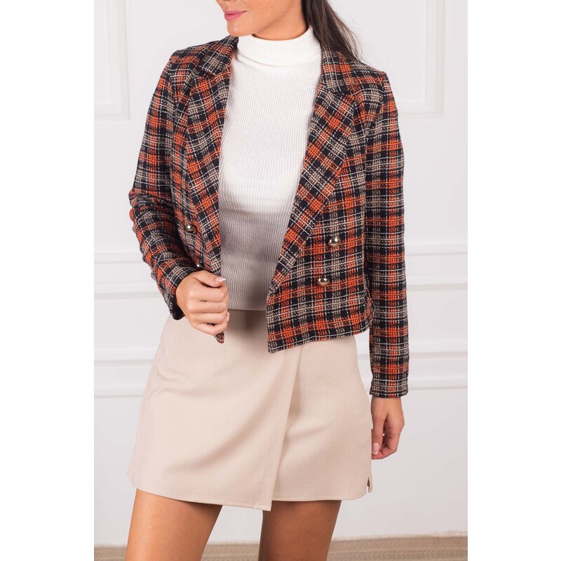 armonika Women's Orange Double Breasted Collar Tweed Crop Jacket