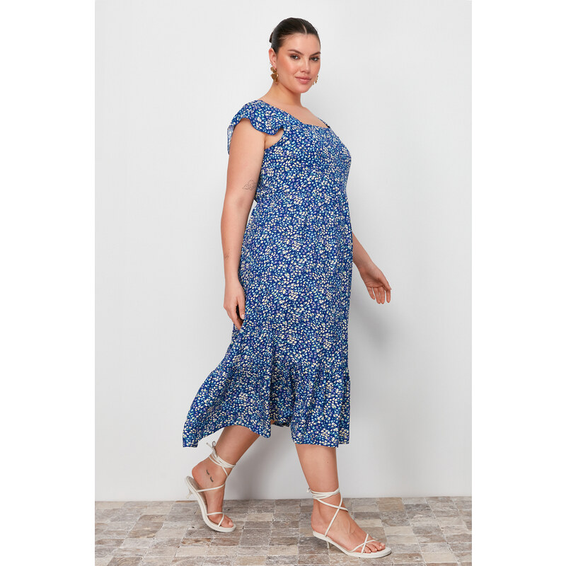 Trendyol Curve Navy Blue A-Line Midi Ruffled Floral Pattern Woven Dress