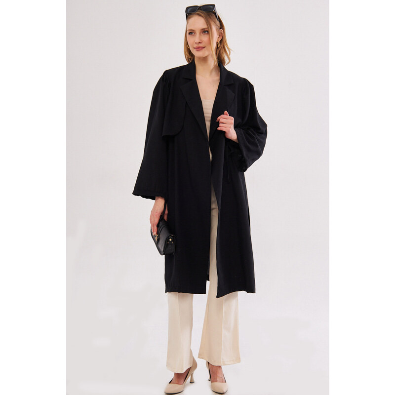 armonika Women's Black Ennea Trench Coat Sleeves Pleated Belted Cuff Laced Detail