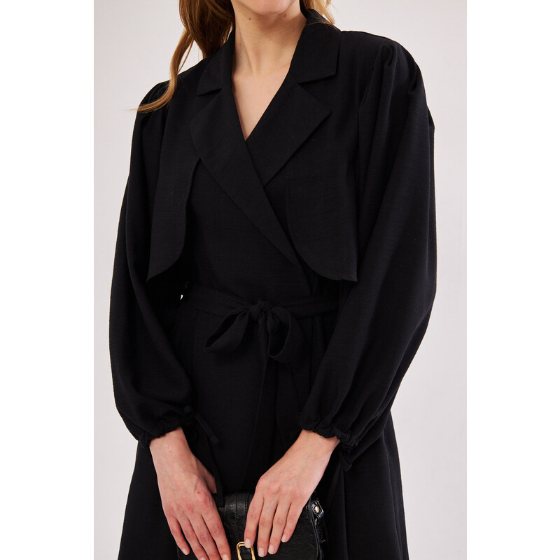 armonika Women's Black Ennea Trench Coat Sleeves Pleated Belted Cuff Laced Detail