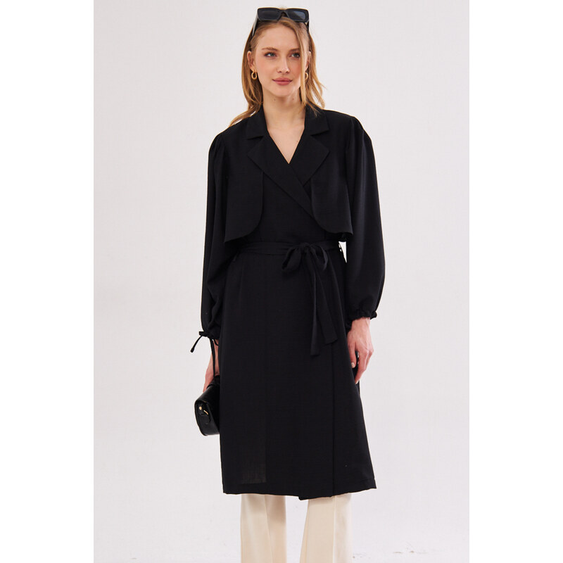 armonika Women's Black Ennea Trench Coat Sleeves Pleated Belted Cuff Laced Detail