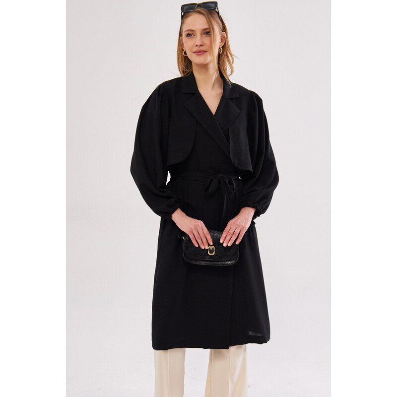 armonika Women's Black Ennea Trench Coat Sleeves Pleated Belted Cuff Laced Detail