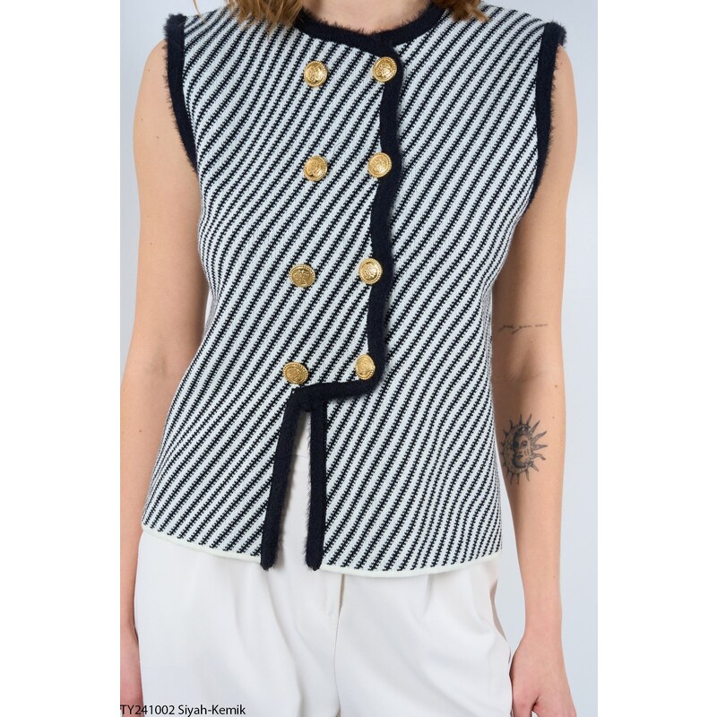 Laluvia Black-Bone Bias Striped Vest