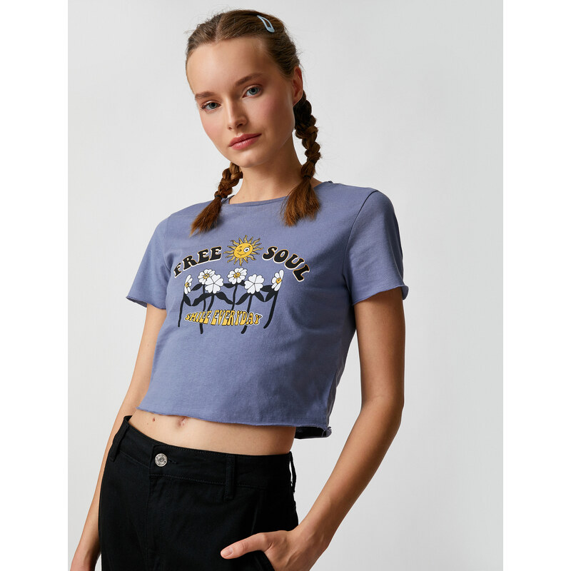 Koton Printed Crop T-Shirt, Crew Neck Short Sleeves