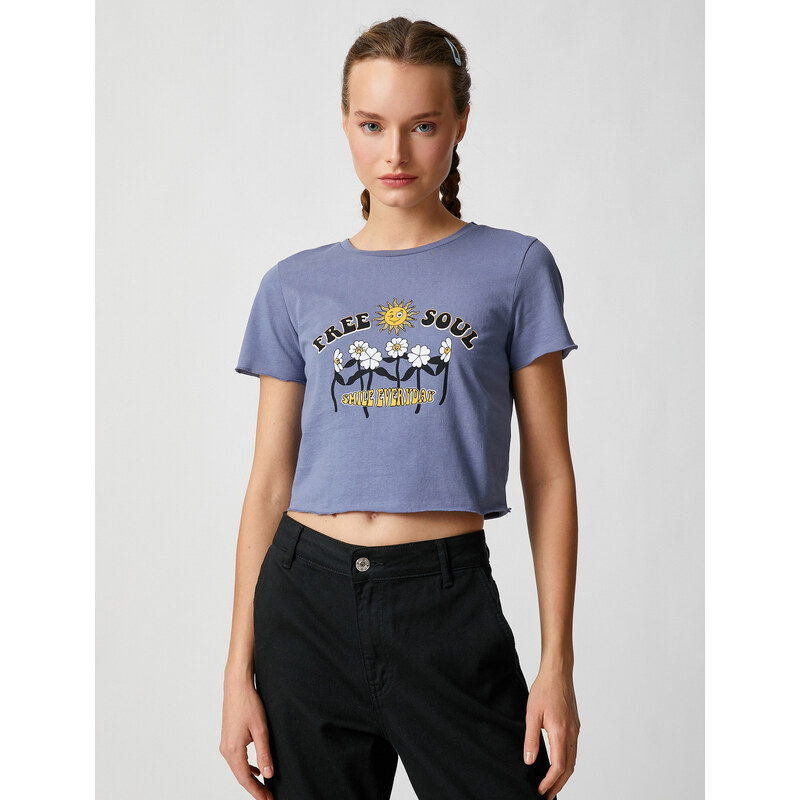 Koton Printed Crop T-Shirt, Crew Neck Short Sleeves