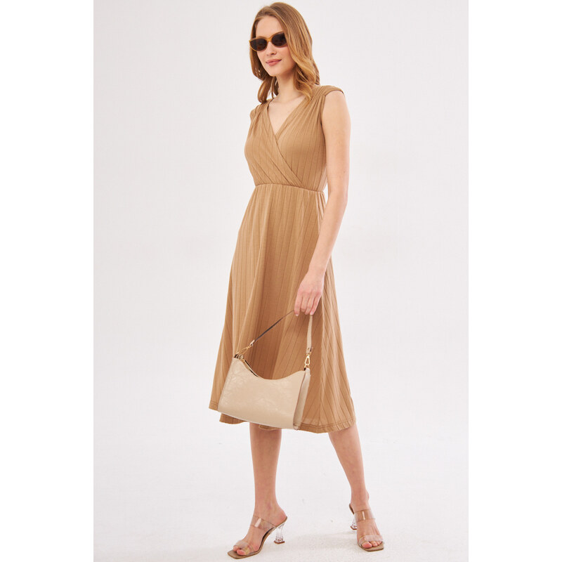 armonika Women's Beige Elastic Waist And Shoulder Elastic Skirt Lined Double Breasted Neck Midi Length Dress