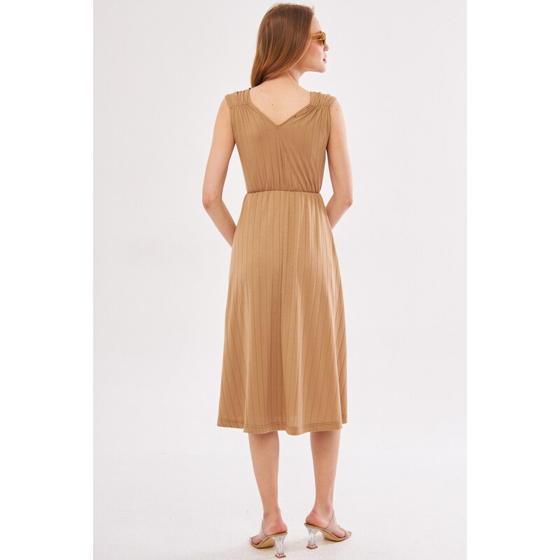 armonika Women's Beige Elastic Waist And Shoulder Elastic Skirt Lined Double Breasted Neck Midi Length Dress