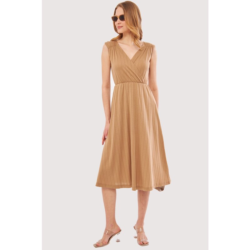 armonika Women's Beige Elastic Waist And Shoulder Elastic Skirt Lined Double Breasted Neck Midi Length Dress