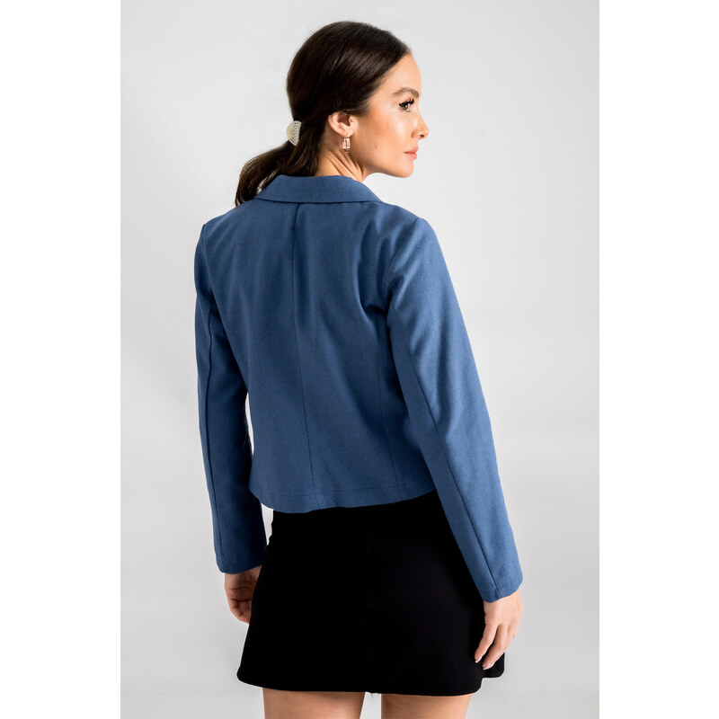 armonika Women's Dark Blue Double Breasted Collar Gabardine Crop Jacket