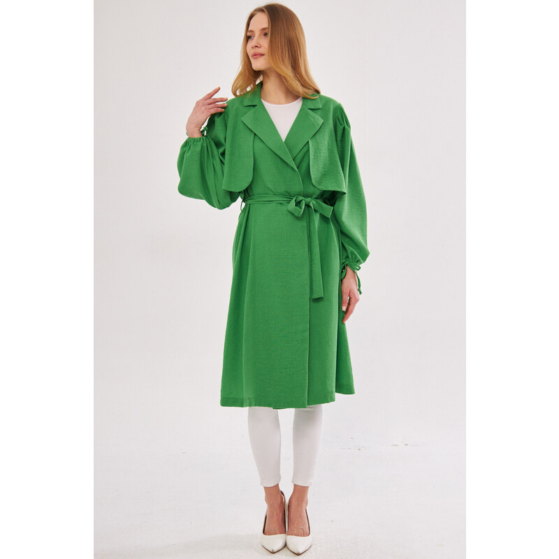 armonika Women's Green Ennea Trench Coat Sleeves Pleated Belted Cuff Laced Detail