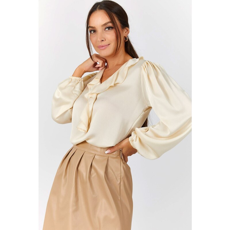 armonika Women's Cream Collar Ruffled Shoulder Gathered Sleeve Elastic Cotton Satin Blouse