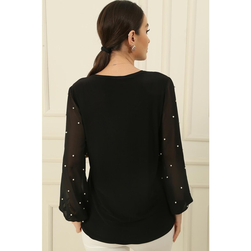 By Saygı V-Neck Sleeve Spread Pearls Blouse