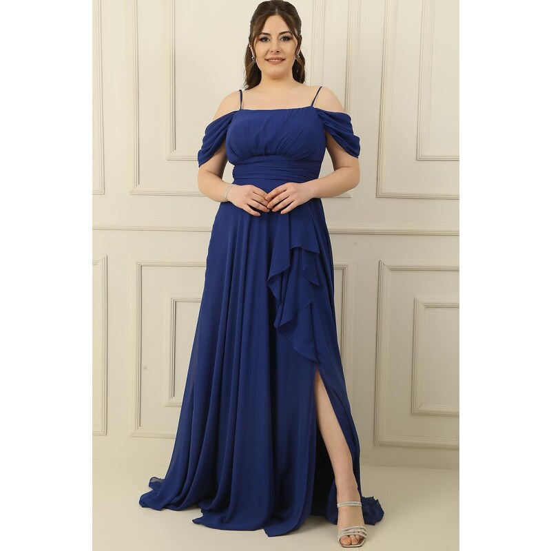 By Saygı Rope Straps Frill Front Low Sleeve Lined Plus Size Chiffon Dress