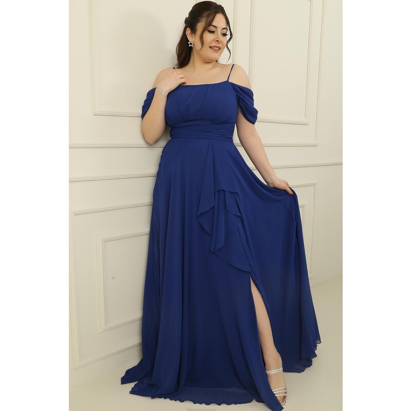 By Saygı Rope Straps Frill Front Low Sleeve Lined Plus Size Chiffon Dress