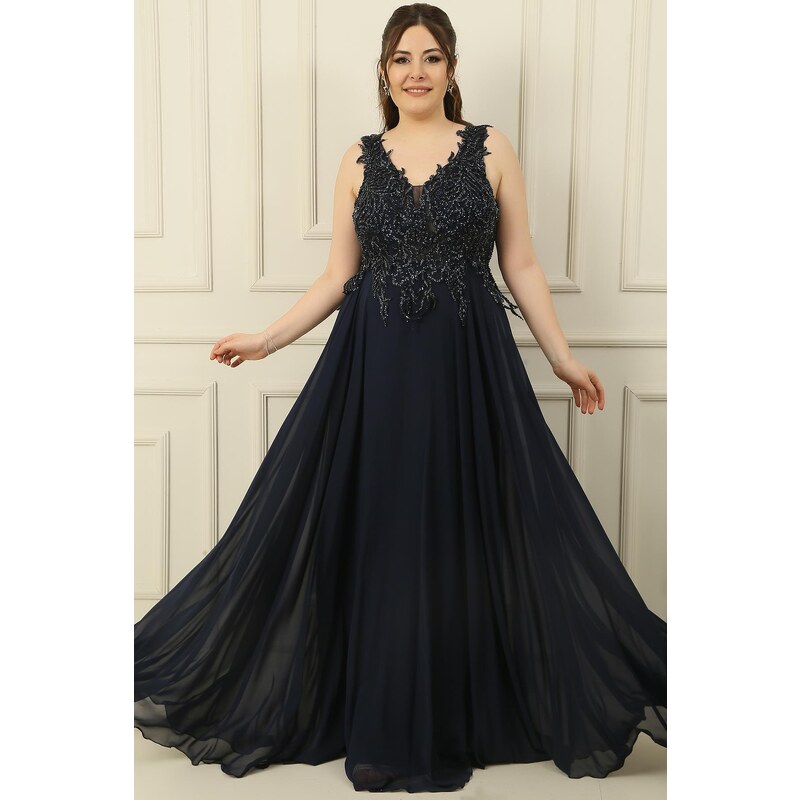 By Saygı Front Back V-Neck Top Beaded Lined Plus Size Long Chiffon Dress