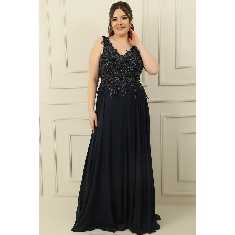 By Saygı Front Back V-Neck Top Beaded Lined Plus Size Long Chiffon Dress