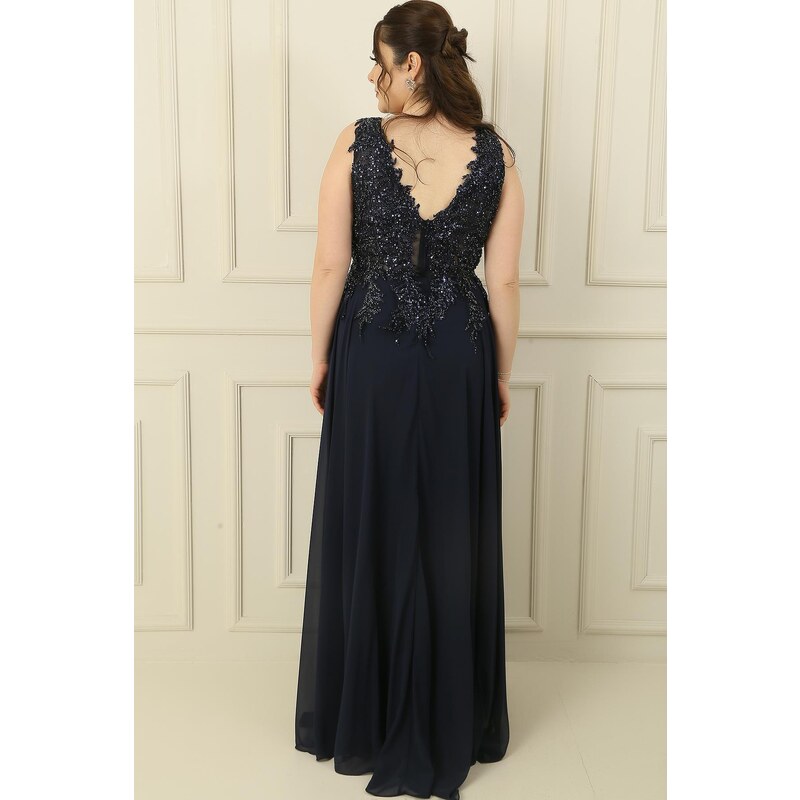 By Saygı Front Back V-Neck Top Beaded Lined Plus Size Long Chiffon Dress