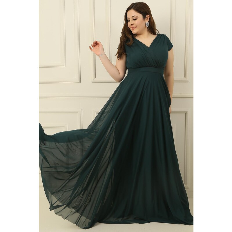 By Saygı Double Breasted Neck Lined Nail Sleeve Full Circle Flared Chiffon Tulle Plus Size Long Dress