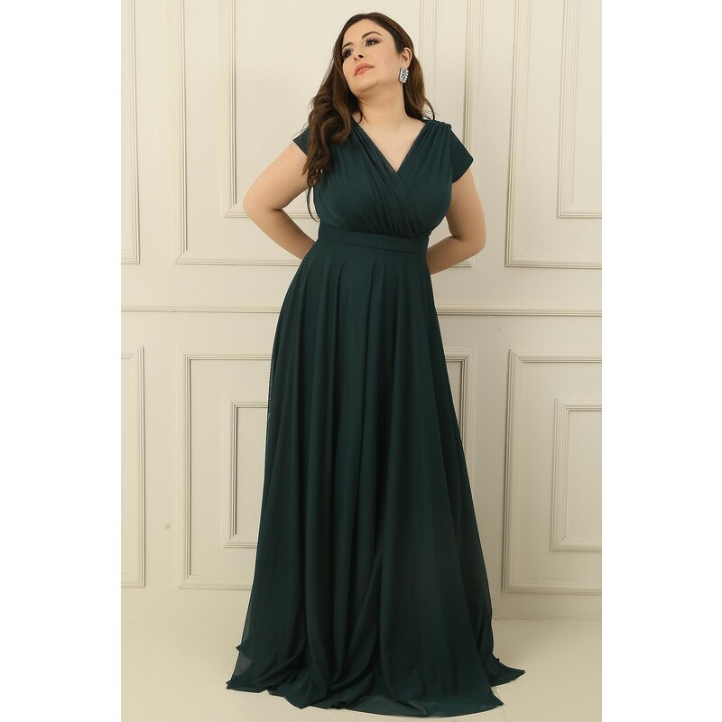 By Saygı Double Breasted Neck Lined Nail Sleeve Full Circle Flared Chiffon Tulle Plus Size Long Dress