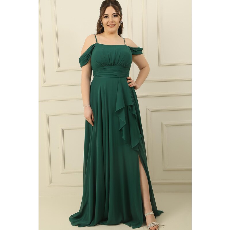 By Saygı Rope Straps Frill Front Low Sleeve Lined Plus Size Chiffon Dress