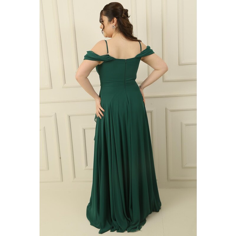 By Saygı Rope Straps Frill Front Low Sleeve Lined Plus Size Chiffon Dress