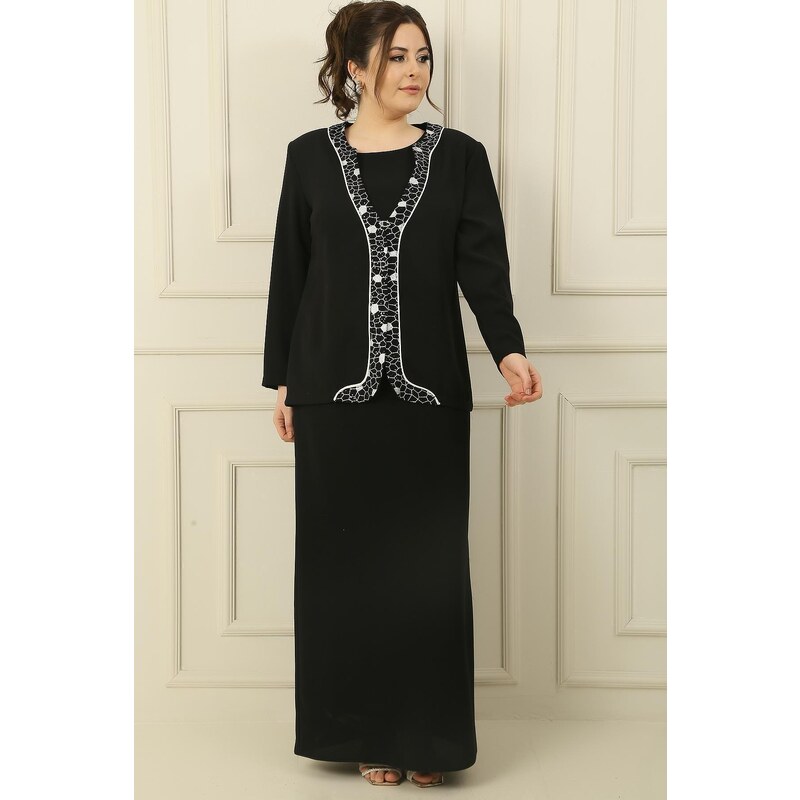 By Saygı Sleeveless Lined Long Dress Front Foiled Sequin Jacket Plus Size Crepe 2-Piece Suit