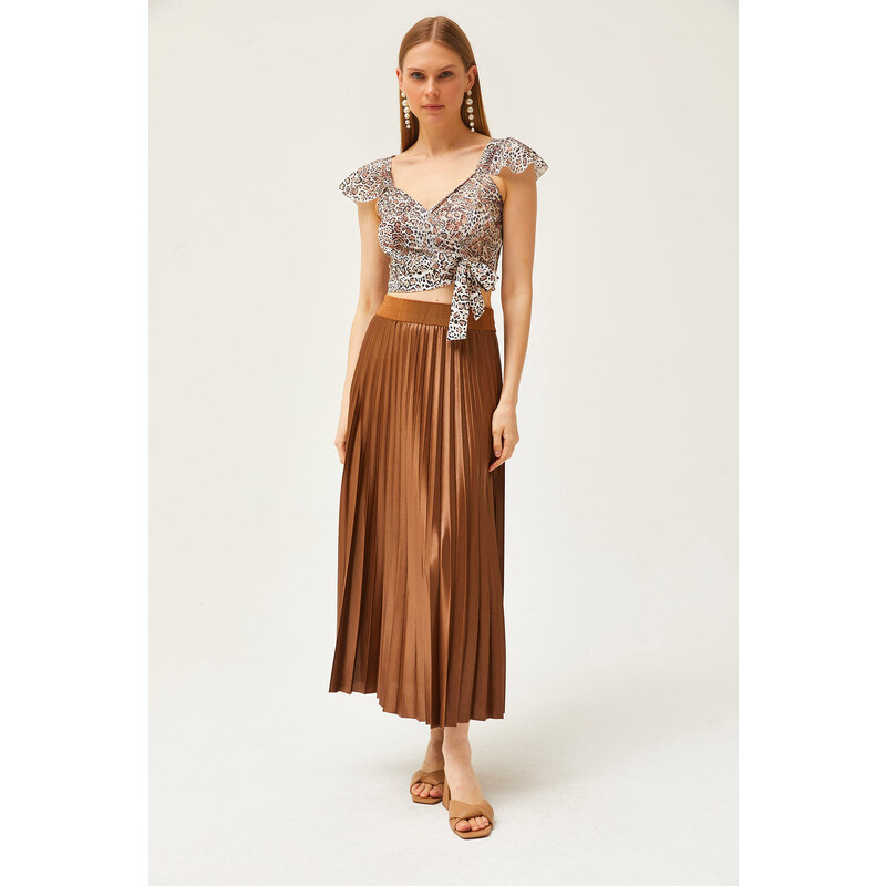 Olalook Milk Brown Leather Look A-Line Pleat Skirt