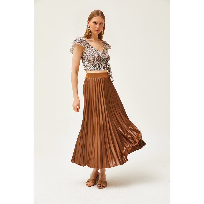 Olalook Milk Brown Leather Look A-Line Pleat Skirt