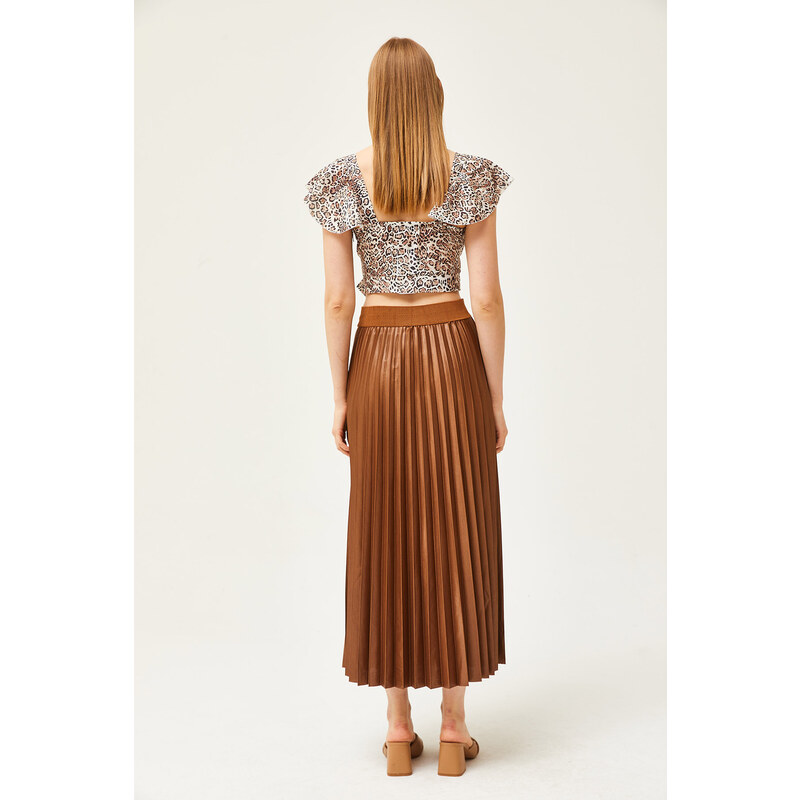 Olalook Milk Brown Leather Look A-Line Pleat Skirt