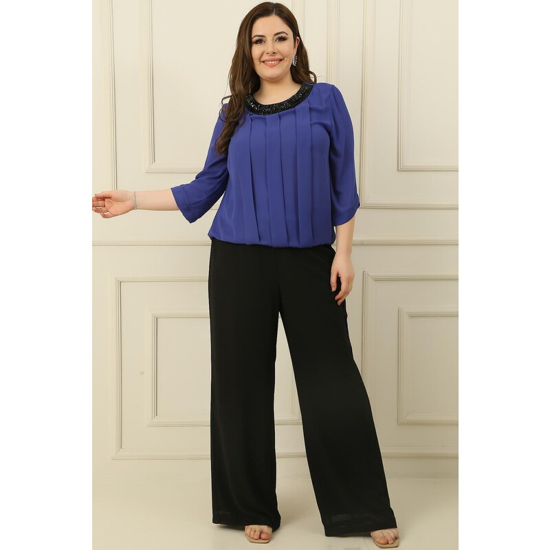 By Saygı Elastic Lined Palazzo Plus Size Chiffon Trousers