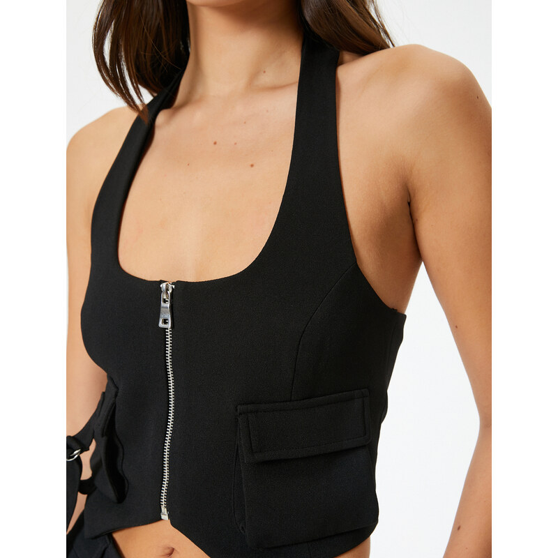 Koton Sleeveless Crop Jacket U Neck Zipper Pocket Detailed