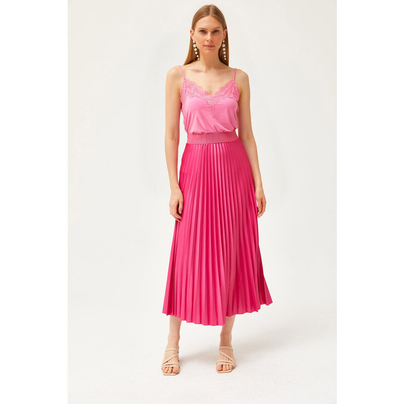 Olalook A-Line Pleated Skirt With Fuchsia Leather Look