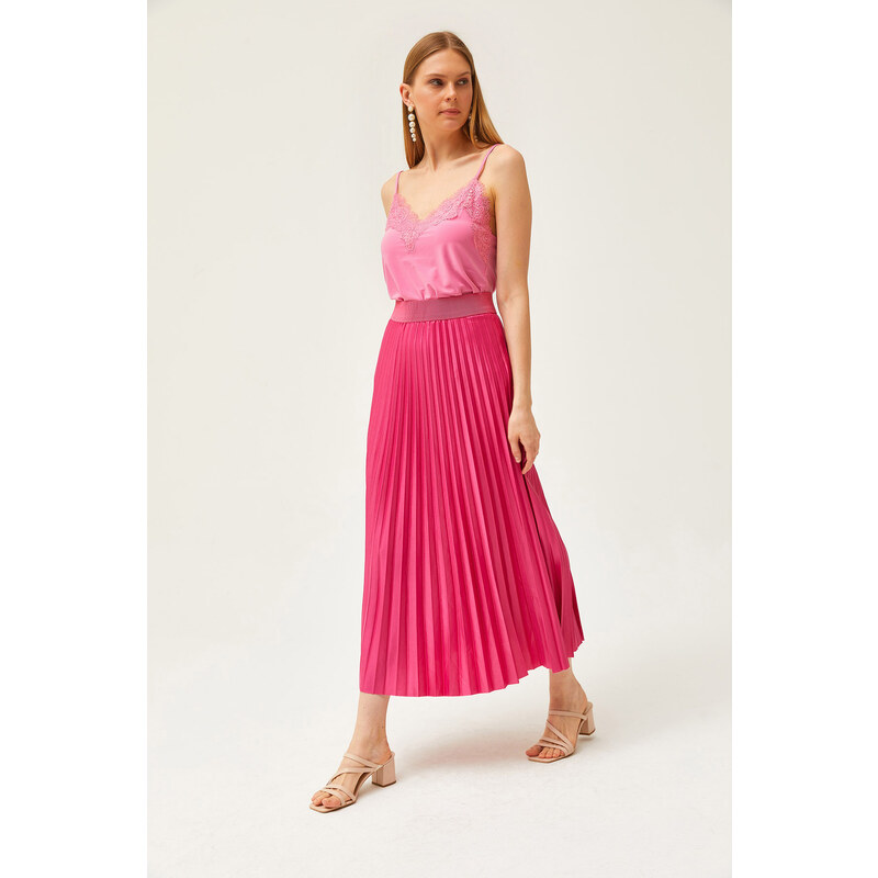 Olalook A-Line Pleated Skirt With Fuchsia Leather Look