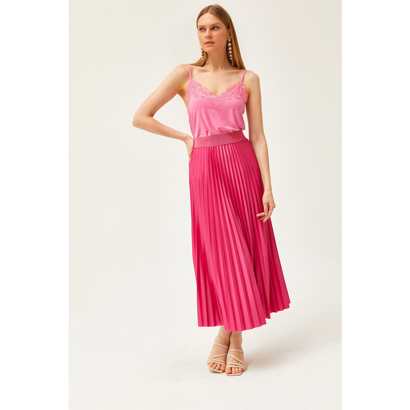 Olalook A-Line Pleated Skirt With Fuchsia Leather Look