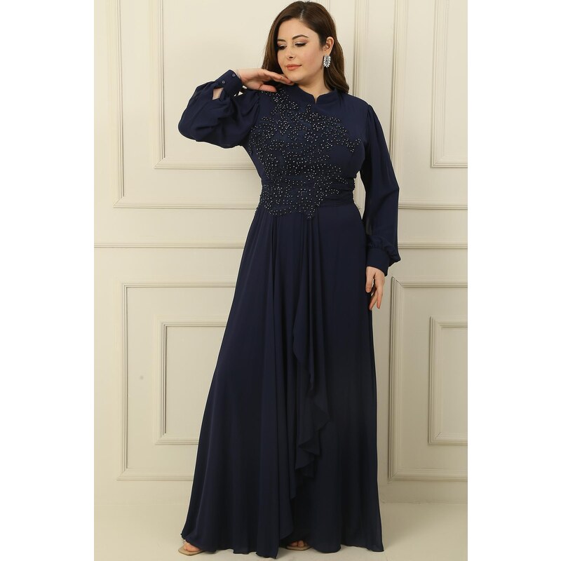 By Saygı Bead Embroidered Lined Flounce Front Plus Size Long Chiffon Dress