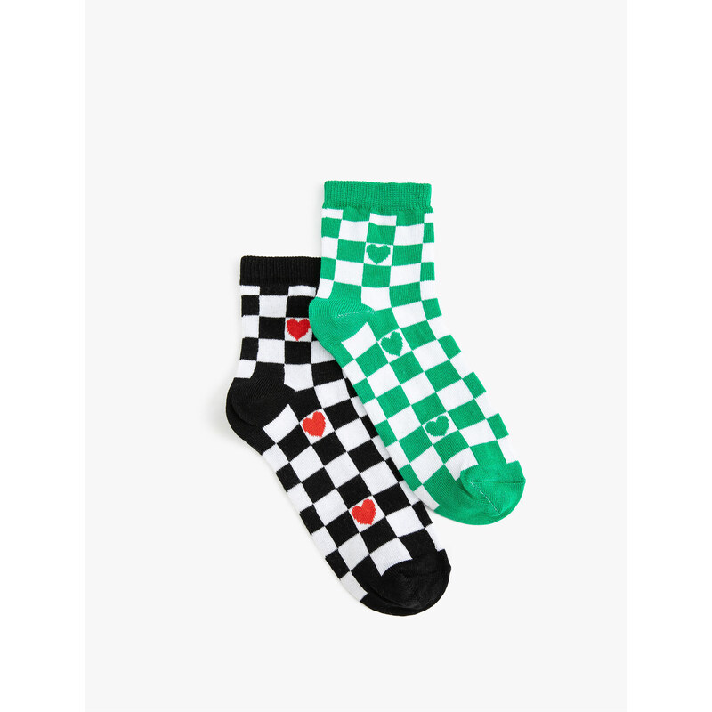 Koton Heart-shaped 2-Pack Socks Set Checkerboard Pattern