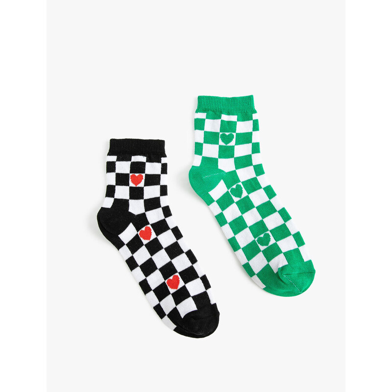 Koton Heart-shaped 2-Pack Socks Set Checkerboard Pattern