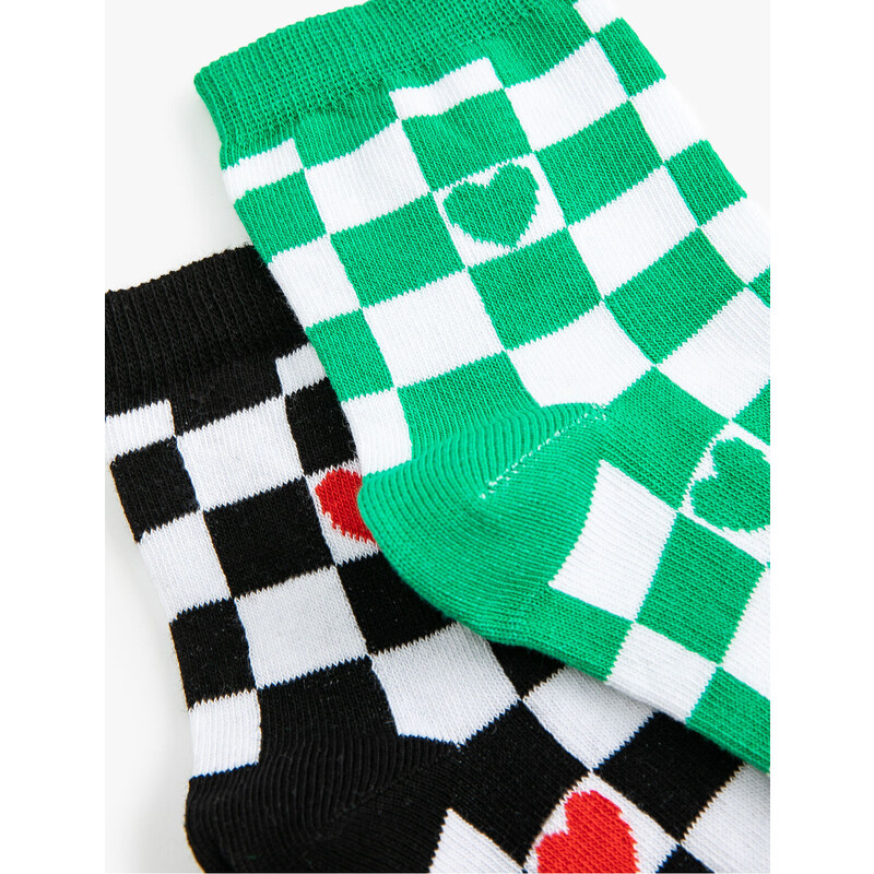 Koton Heart-shaped 2-Pack Socks Set Checkerboard Pattern